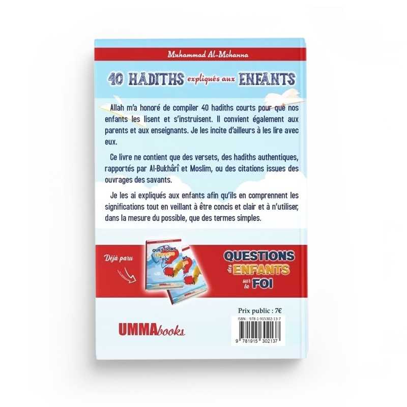 Livre pour enfants "40 Hadiths Expliqués" de Muhammad Al Mohanna, couverture avec titre et illustrations colorées.