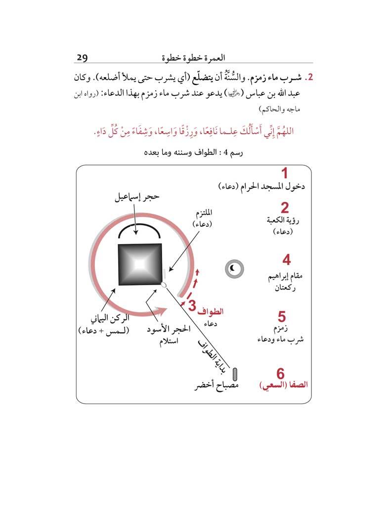 Livre AR مناسك العمرة خطوة بخطوة من مصطفى براهيمي, édition Tawhid, page ouverte avec illustrations détaillées.