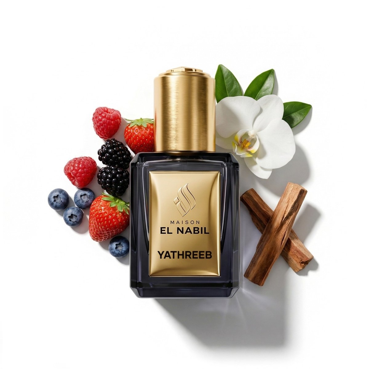 Parfum Nabil Roll-On Yathreeb 5ml, flacon en verre avec applicateur à bille, parfum gourmand fruité aux fruits rouges, à la vanille et au santal.